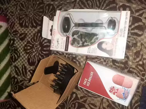 4-in-1 Facial & Scalp Massager Set | Jade Roller, Gua Sha, Ice Roller & Hair Scalp Brush for Glowing Skin & Relaxation