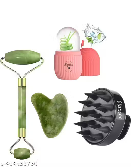 4-in-1 Facial & Scalp Massager Set | Jade Roller, Gua Sha, Ice Roller & Hair Scalp Brush for Glowing Skin & Relaxation
